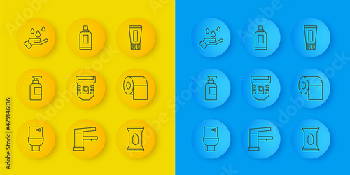 Set line Toilet bowl, Bottle of shampoo, Epilator, Wet wipe pack, paper roll, Washing hands with soap, Tube toothpaste and for cleaning agent icon. Vector