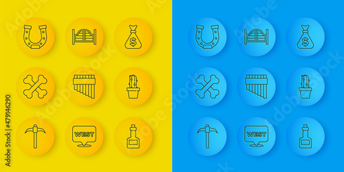 Set line Pickaxe, Crossed human bones, Pan flute, Tabasco sauce, Cactus peyote in pot, Horseshoe, Money bag and Saloon door icon. Vector