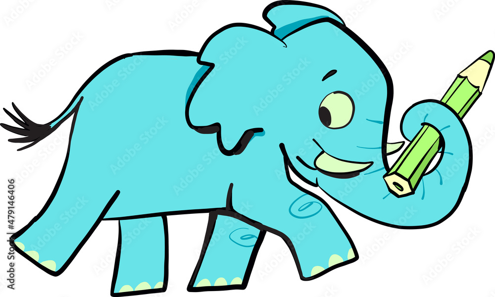 Fototapeta premium blue elephant on a walk carries a green pencil in its trunk