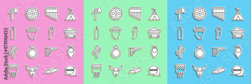 Set line Bang boom, gun Comic, Cowboy bandana, Coal mine trolley, Pan flute, Dynamite bomb, Tomahawk axe and Tooth icon. Vector