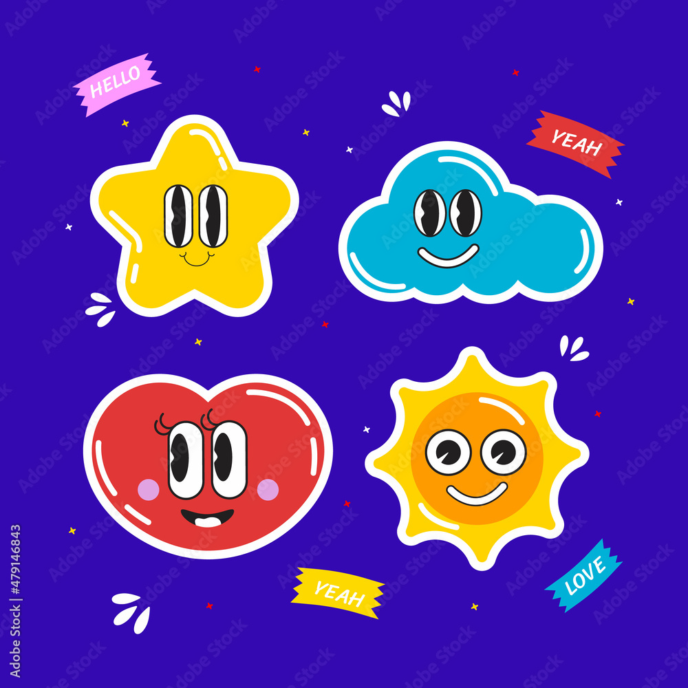 Naklejka premium Vector illustrations Hand drawn of design cartoon characters. stamps or stickers with abstract funny cute comic characters.
