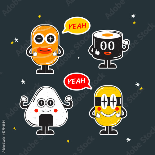 Vector illustrations Hand drawn of design cartoon characters.  stamps or stickers with abstract funny cute comic characters.