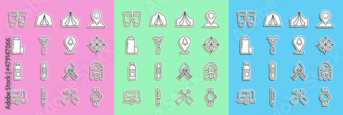 Set line Smartwatch, Rafting boat, Wind rose, Tourist tent, Sausage on the fork, Thermos container, Binoculars and Location of forest icon. Vector