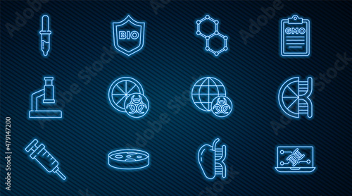 Set line Genetic engineering modification, Genetically modified orange, Chemical formula, Microscope, Pipette, GMO and Shield bio healthy food icon. Vector