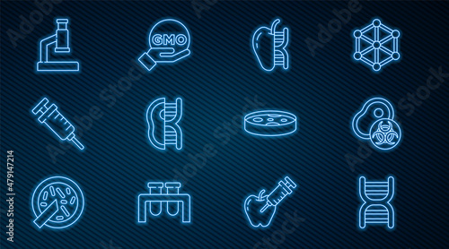 Set line DNA symbol, Genetically modified meat, apple, Syringe, Microscope, Petri dish with bacteria and GMO icon. Vector