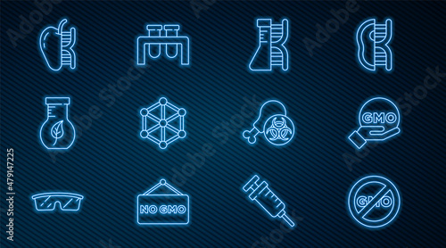 Set line No GMO, DNA research, search, Test tube and flask, Genetically modified apple, Gmo chicken and icon. Vector