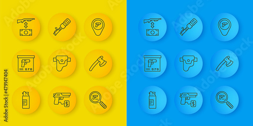 Set line Weapons oil bottle, Military ammunition box, Gun in holster, Pistol or gun search, Wooden axe, Buying assault rifle, Location with weapon and Anti-tank hand grenade icon. Vector
