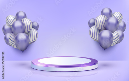 very peri purple trend of color with 3d podium and balloons
