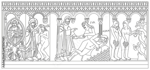 Romanesque bas-relief of the cathedral of Modena, Italy, cycle of genesis, outline vector illustration on the white background, Unesco World Heritage site