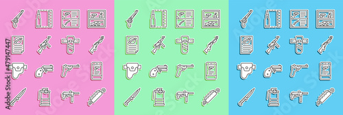 Set line Trap hunting, Shop weapon mobile app, Hunting gun, Weapon catalog, Tommy, Firearms license certificate, Revolver and Knife holster icon. Vector