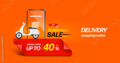 White motorcycle or scooter for delivery. parked on a red ribbon with a 40% off promotional text template and a smartphone in the background,vector 3d for online shopping and delivery concept design