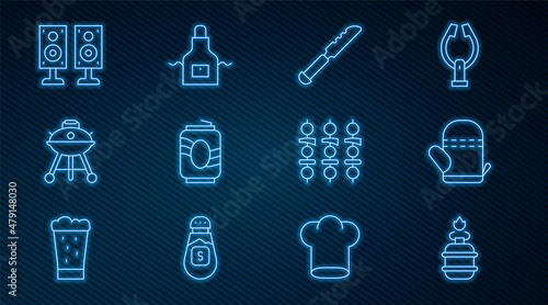 Set line Camping gas stove, Oven glove, Bread knife, Soda can, Barbecue grill, Stereo speaker, Grilled shish kebab and Kitchen apron icon. Vector