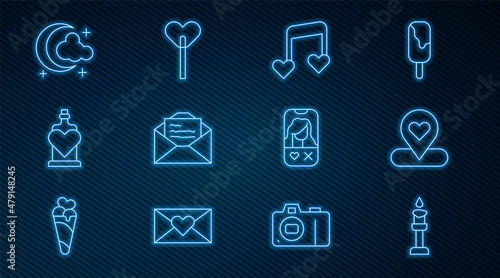 Set line Burning candle, Location with heart, Music note, tone hearts, Greeting card, Bottle love potion, Moon stars, Dating app online and Lollipop icon. Vector