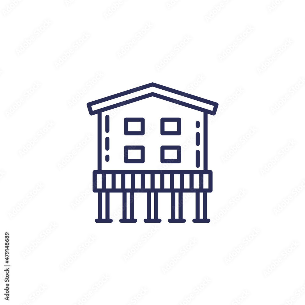 Stilt house line icon, building on stilts Stilt house line icon, building on stilts