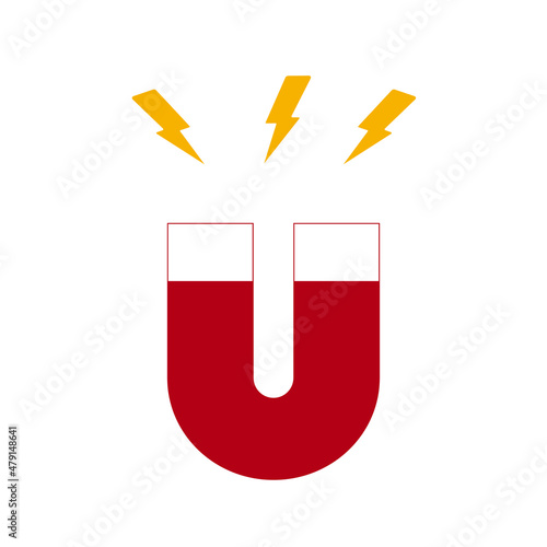 Magnet with lightning. Horseshoe magnet with magnetic power. Magnetism, magnetize, attraction concept.