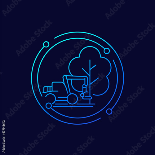 deforestation line icon with forest harvester, vector