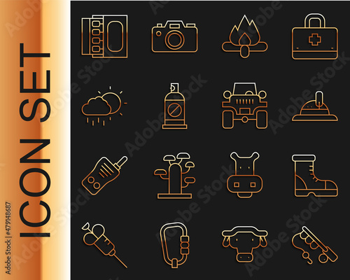 Set line Fishing rod, Hunter boots, hat, Campfire, Spray against insects, Cloud with rain, Matchbox and matches and Off road car icon. Vector