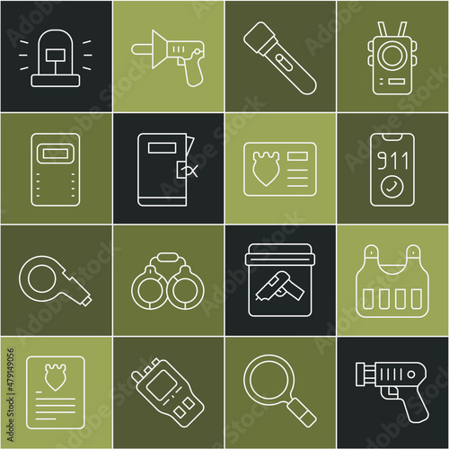 Set line Police electric shocker, Bulletproof vest, Telephone call 911, Flashlight, station folder, assault shield, Flasher siren and badge with id case icon. Vector