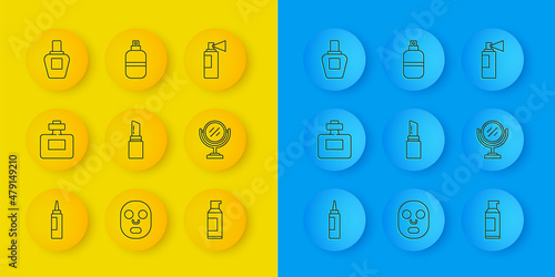 Set line Cream or lotion cosmetic tube, Perfume, Lipstick, Spray can for hairspray, Round makeup mirror, and icon. Vector