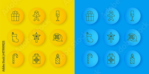 Set line Christmas candy cane, stocking, star, Burning candle, Snowflake speech bubble, Gift box, Glass of champagne and Holiday gingerbread man cookie icon. Vector