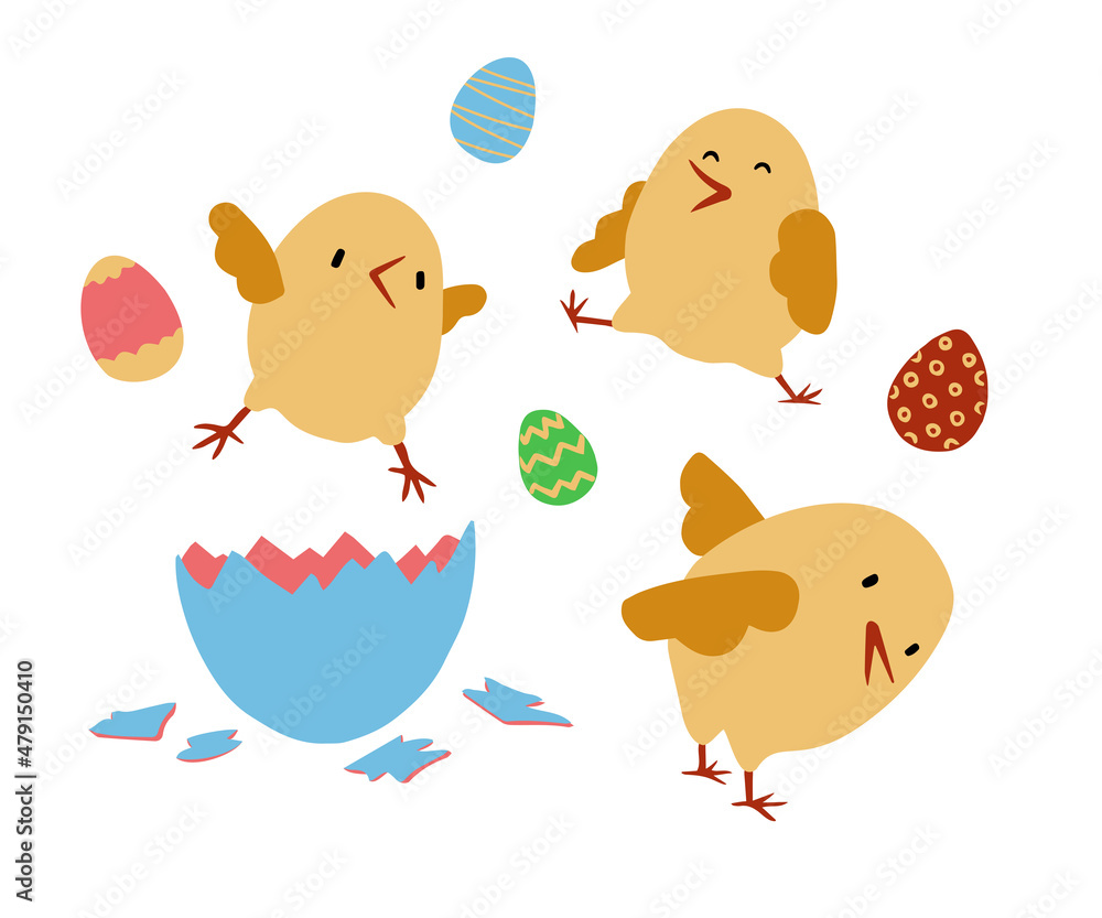 chicks set. Cute hand draw of chicks with an egg. children s print. Vector illustration on white background. chicks set. Cute hand draw of chicks with an egg. children s print. Vector illustration on white background.