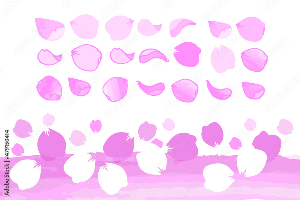 Flower and cherry petals set. Hand drawn and watercolor brushes paint petals. Sakura. Spring. Vector illustration