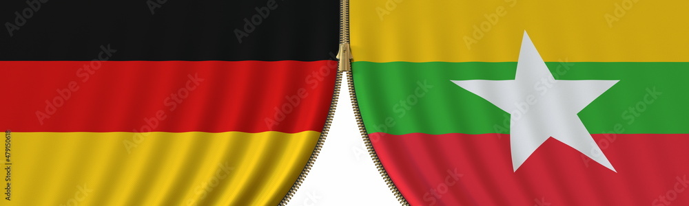Obraz premium Germany and Myanmar political cooperation or conflict, flags and closing or opening zipper, conceptual 3D rendering