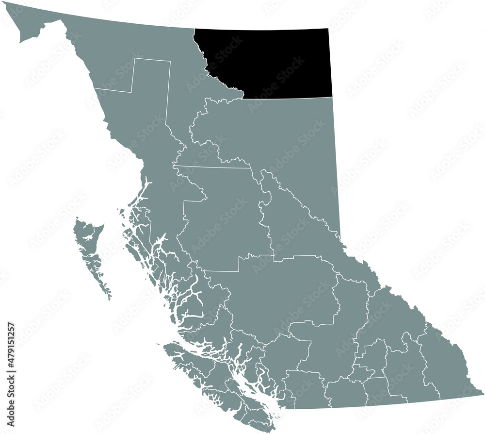 Fototapeta premium Black flat blank highlighted location map of the NORTHERN ROCKIES regional district inside gray administrative map of the Canadian province of British Columbia, Canada