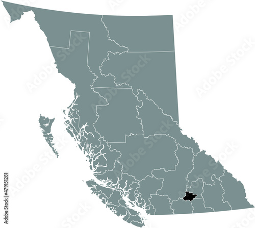 Black flat blank highlighted location map of the CENTRAL OKANAGAN regional district inside gray administrative map of the Canadian province of British Columbia, Canada