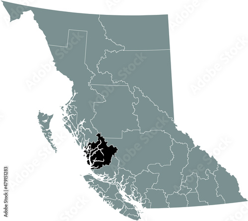 Black flat blank highlighted location map of the CENTRAL COAST regional district inside gray administrative map of the Canadian province of British Columbia, Canada photo