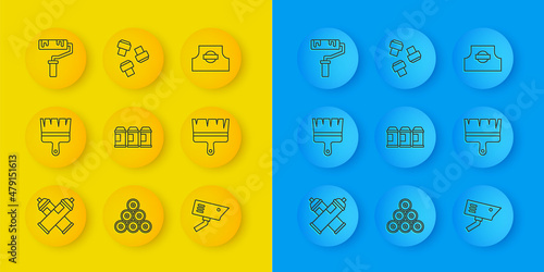 Set line Paint spray can, brush, Security camera, roller, Spray nozzle cap and Marker pen attachment icon. Vector