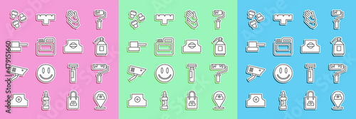 Set line Paint spray can, roller brush, gun, Rubber gloves, Paint, gouache, jar, dye, Spray nozzle cap, Marker pen attachment and icon. Vector