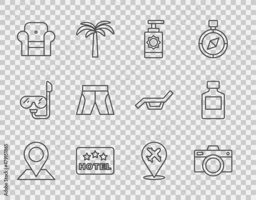Set line Location, Photo camera, Sunscreen spray bottle, Signboard with text Hotel, Armchair, Short or pants, Plane and Whiskey icon. Vector