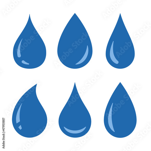 Water drops set of icon collection for app, logo, or web isolated on white. Simple blue flat falling water, or raindrop. Steam shower condensation on a vertical surface. Vector illustration 