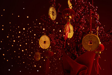 Chinese New Year background. Lucky tree and Coins with New Year wishes of joy and prosperity.