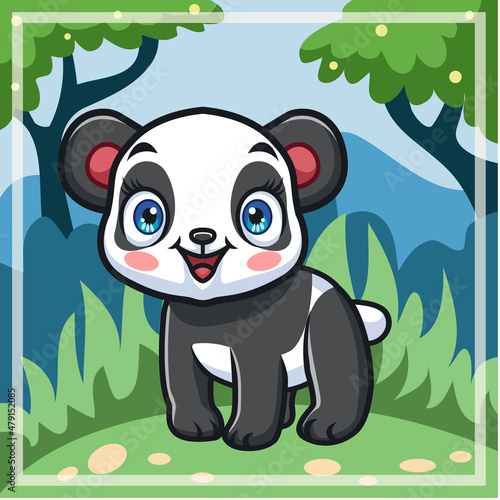 Fototapeta Naklejka Na Ścianę i Meble -  Cartoon cute little panda standing and smiling