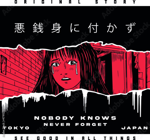 manga style face with paper torn effect slogan Translation: "easy come easy go." Vector design for t-shirt graphics, banner, fashion prints, slogan tees, stickers, flyer, posters creative uses