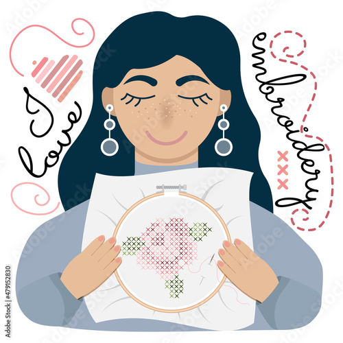 I like embroidery girl hoop cross stitch handmade relax smile hobby pastime happy