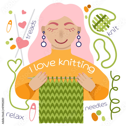 I love knitting sign girl knit handmade green smile hobby pastime happy