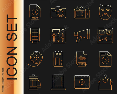 Set line Sleeveless T-shirt, AVI file document, Storyboard, Photo camera, Sound mixer controller, Softbox light, MOV and Megaphone icon. Vector