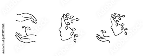 Female head and hands with flower sprout hand-drawn line art illustration drawing in minimalism style 