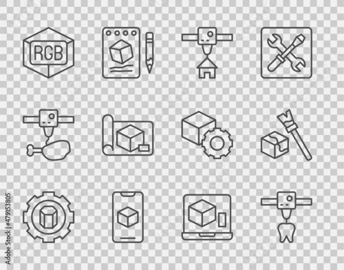 Set line 3D printer setting, tooth, house, software, RGB and CMYK color mixing, Graphing paper for engineering, and Isometric cube icon. Vector
