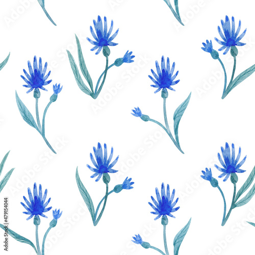 Watercolor pattern with blue flowers and leaves isolated on white background.