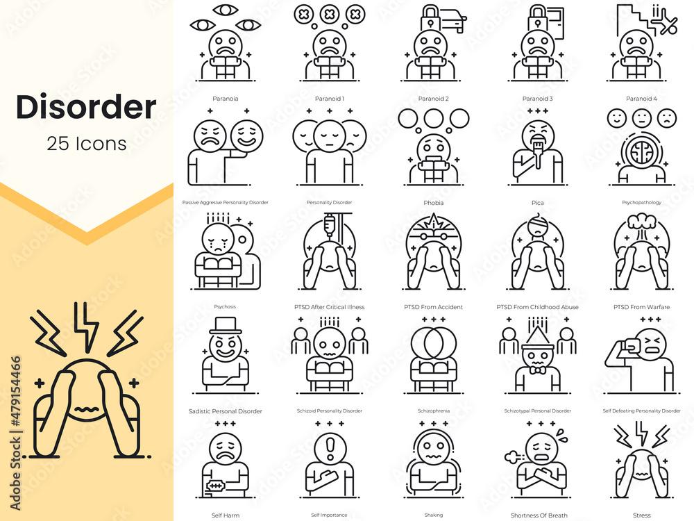 Simple Outline Set of Disorder Icons. Thin Line Collection contains such Icons as personality disorder, phobia, pica, psychopathology and more