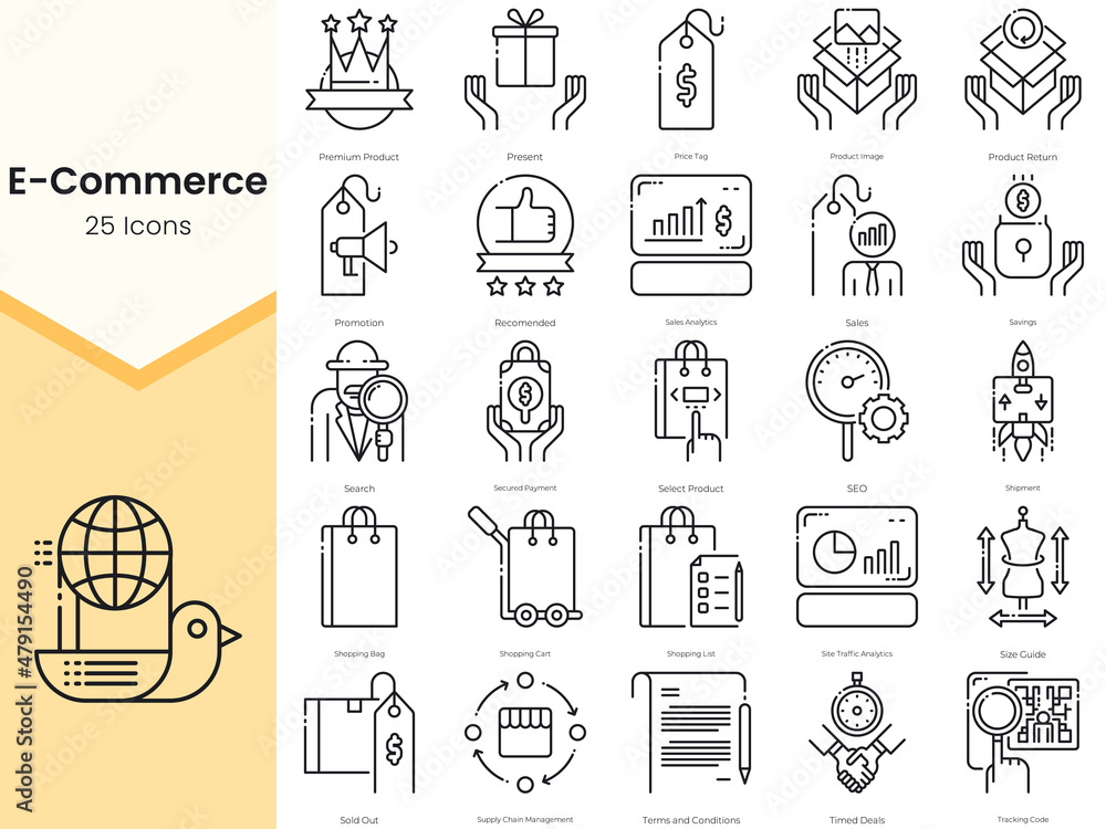 Simple Outline Set of E-Commerce Icons. Thin Line Collection contains such Icons as premium product, present, price tag, product image and more