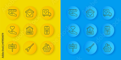 Set line Free sign, Heart in hand, home delivery, Donation food box, charity, Delivery truck with heart and Shelter for homeless icon. Vector