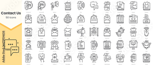 Simple Outline Set of Contact Us Icons. Thin Line Collection contains such Icons as info, profile, write, mail, social media, email, globe and more