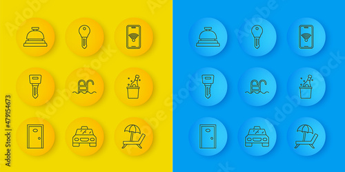 Set line Hotel door, lock key, Swimming pool, Sunbed with umbrella, Bottle of champagne, service bell, Mobile wi-fi wireless and icon. Vector
