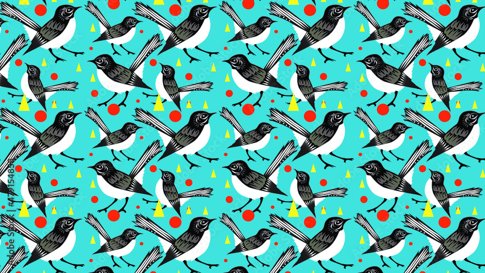 Obraz premium Willy Wagtail bird fun bright background pattern. Repeating pattern on blue green background.