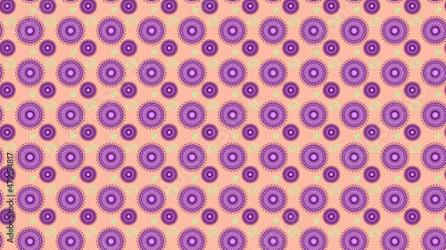 Repeating psychedelic mandala shapes pattern on pink coral background.